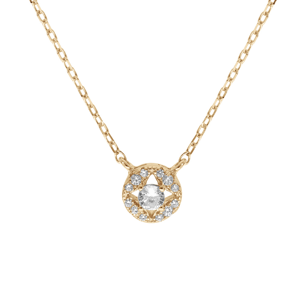 Collier en plaqu� or cha�ne avec pendentif rond �vid� pav� d\'oxydes blancs sertis et oxyde blanc central 40+5cm - Vue 1