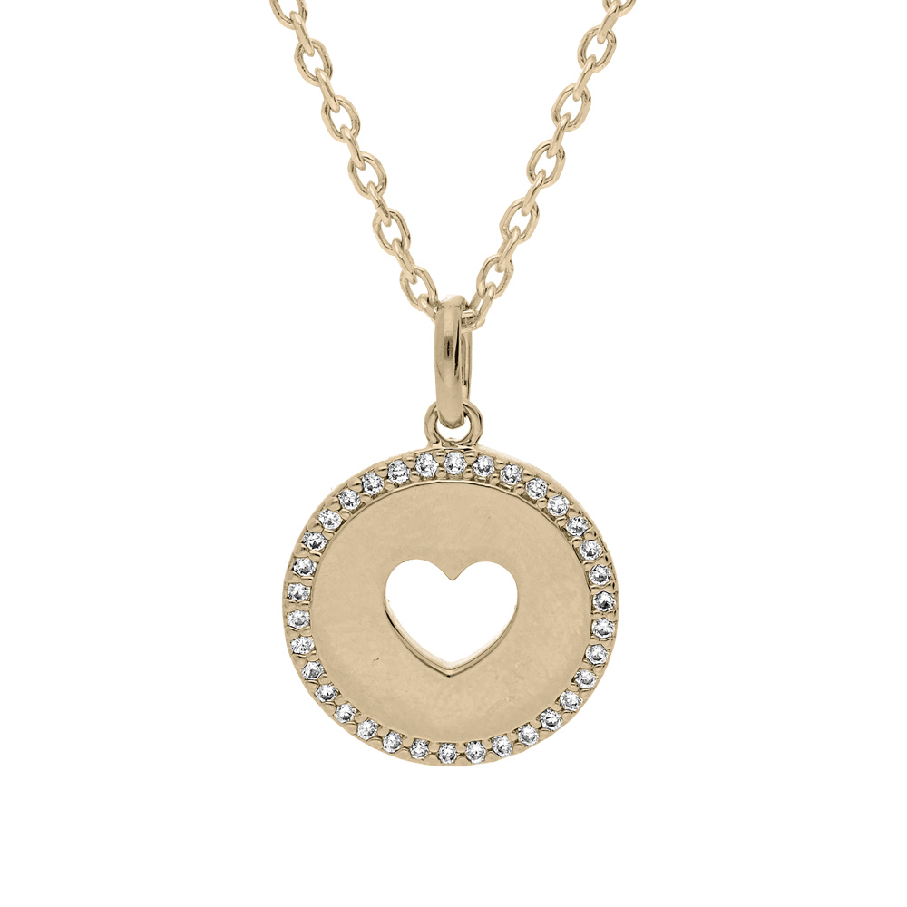 Collier en plaqu� or cha�ne avec pendentif rond motif coeur ajour�e contour oxydes blancs 40+4cm - Vue 1