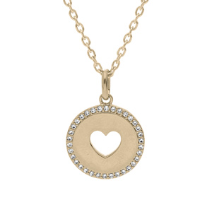 Collier en plaqu or chane avec pendentif rond motif coeur ajoure contour oxydes blancs 40+4cm - Vue 1