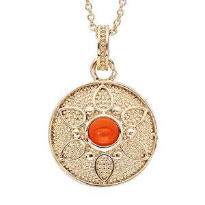 Collier en plaqu or chane avec pendentif rond motif fleur et pierre couleur corail 40+4cm - Vue 1