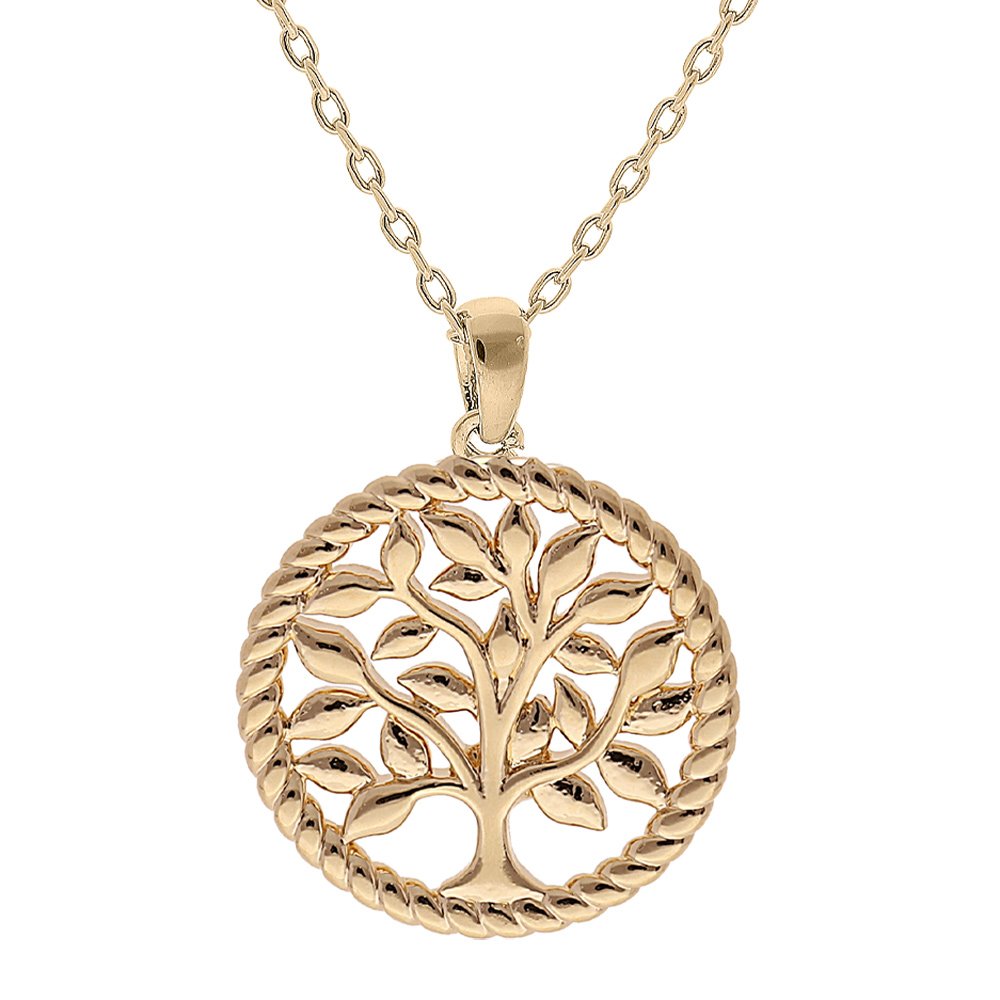 Collier en plaqu� or cha�ne avec pendentif rond torsad� avec arbre de vie 17mm d�coup� 42+3cm - Vue 1