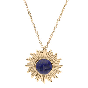 Collier en plaqu or chane avec pendentif soleil et pierre Lapis Lazuli vritable 42+3cm - Vue 1