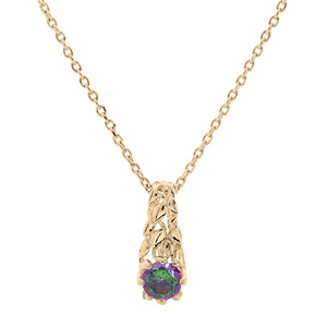 Collier en plaqu or chane avec pendentif solitaire mystique arc en ciel et feuillage 42+3cm - Vue 1