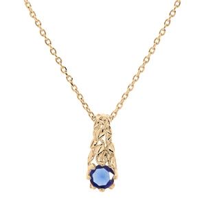 Collier en plaqu or chane avec pendentif solitaire oxyde bleu fonc et feuillage 42+3cm - Vue 1