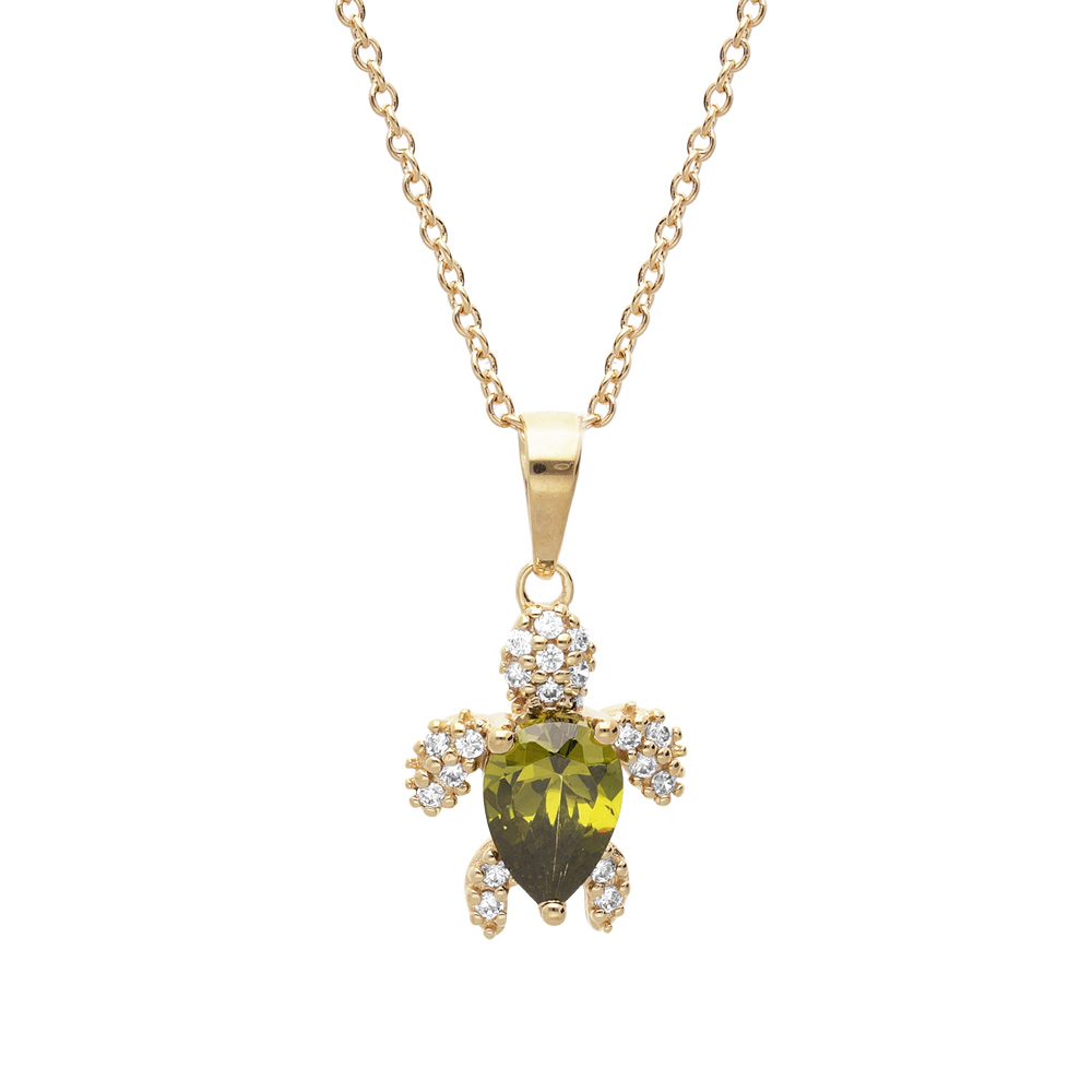 Collier en plaqu� or cha�ne avec pendentif tortue oxyde vert et blancs 42+3cm - Vue 1