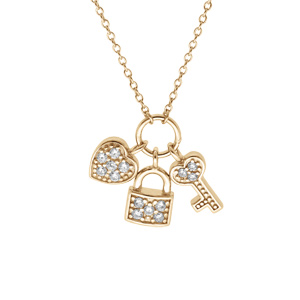 Collier en plaqu or chane avec pendentifs breloques cadenas coeur clefs et oxydes blancs 42+3cm - Vue 1