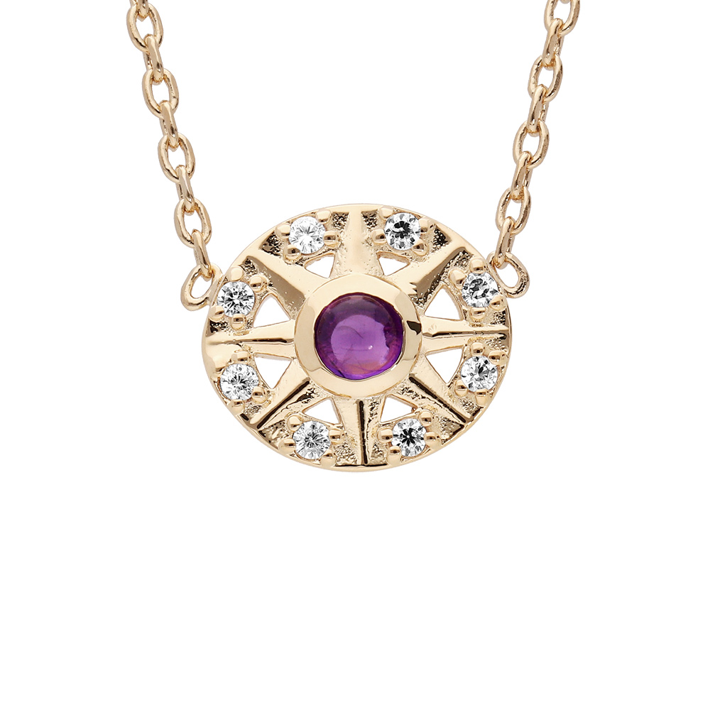 Collier en plaqu� or cha�ne avec rond d\'oxydes blancs et coeur Amethyste v�ritable 42cm - Vue 1