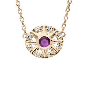 Collier en plaqu or chane avec rond d\'oxydes blancs et coeur Amethyste vritable 42cm - Vue 1