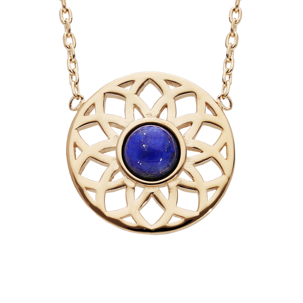 Collier en plaqu� or cha�ne avec rosace ajour� coeur Lapis Lazuli v�ritable 42cm - Vue 1