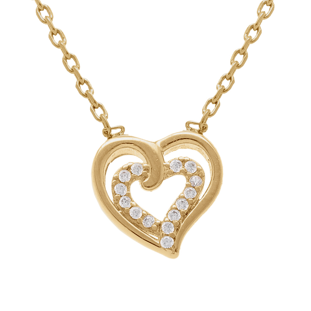 Collier en plaqu� or double coeur avec oxydes blancs - 38+4cm - Vue 1