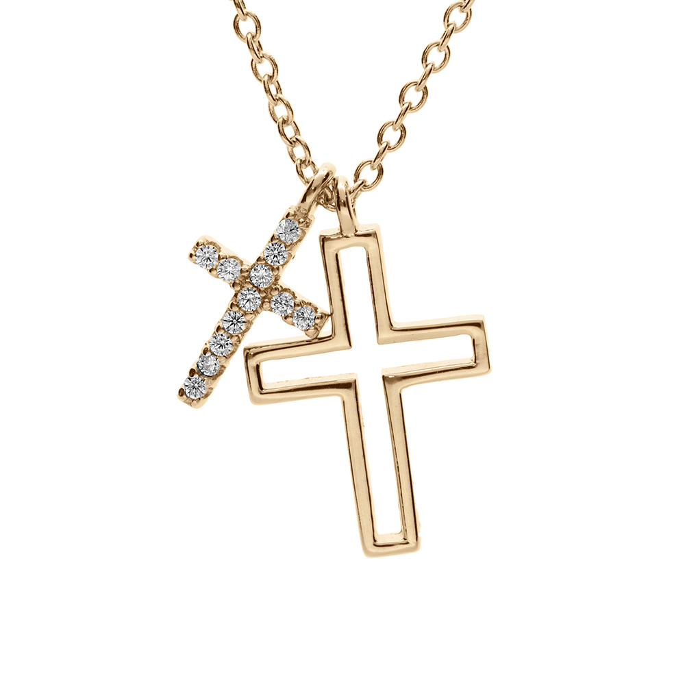 Collier en plaqu� or double croix lisse avec pavage oxydes blancs 42+3cm - Vue 1