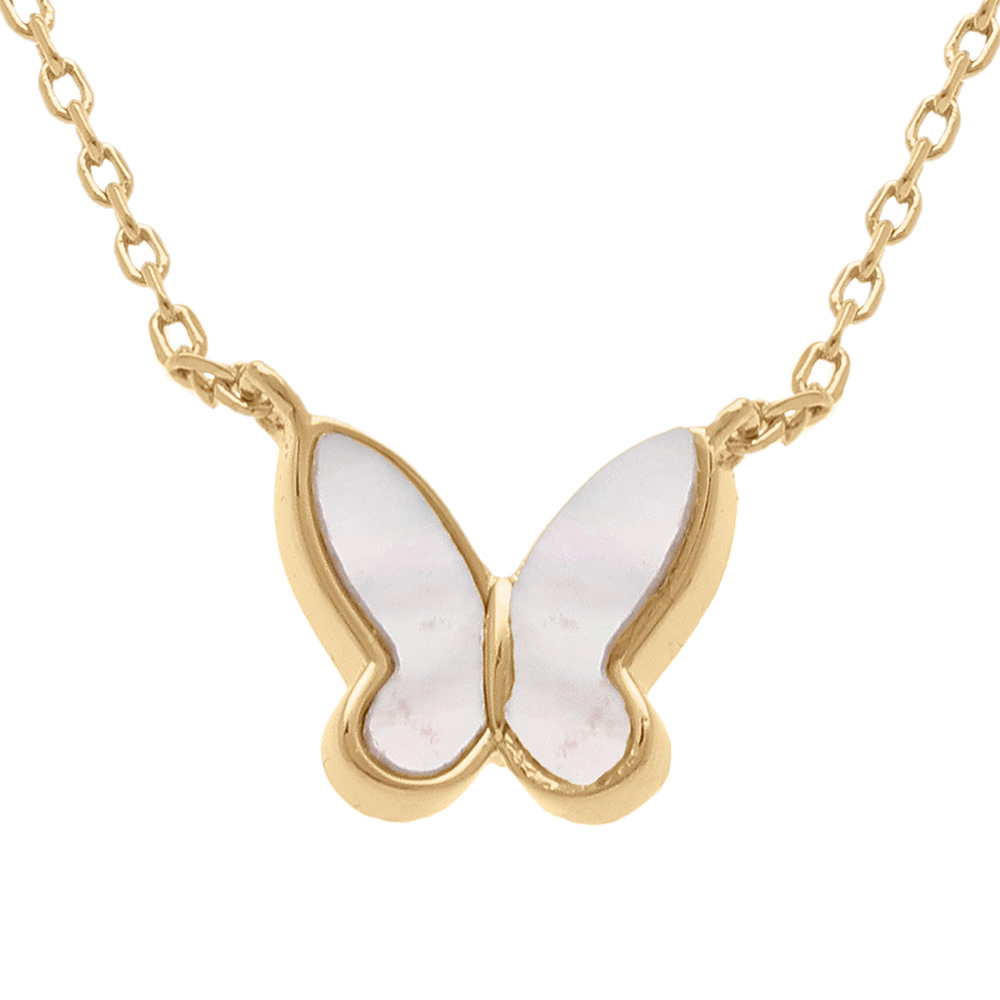 Collier en plaqu� or double papillon en nacre blanche - 42+3cm - Vue 1