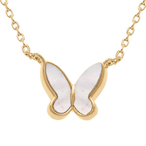 Collier en plaqu� or double papillon en nacre blanche - 42+3cm