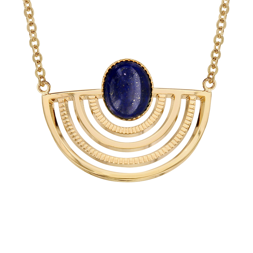 Collier en plaqu� or ethnique cha�ne avec motif Egyptien et pierre Lapis Lazuli v�ritable 42+5cm - Vue 1