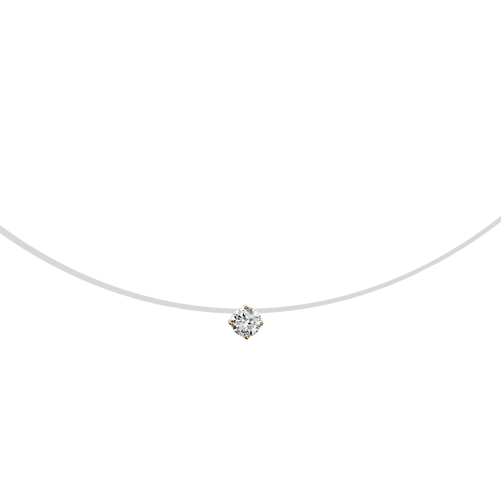 Collier en plaqu� or fil en nylon avec pendentif oxyde blanc solitaire de 3mm - longueur 42cm - Vue 1
