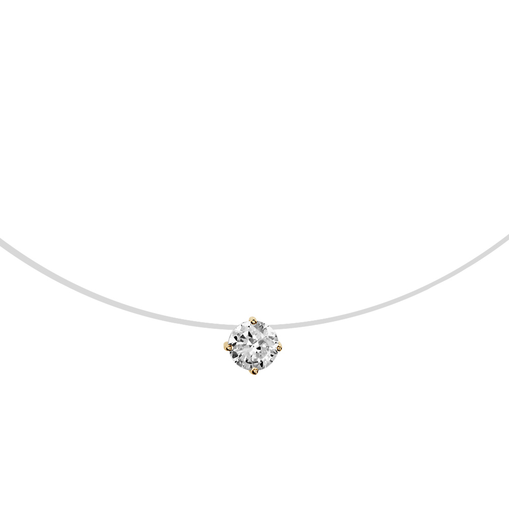 Collier en plaqu� or fil en nylon avec pendentif oxyde blanc solitaire de 5mm - longueur 42cm - Vue 1