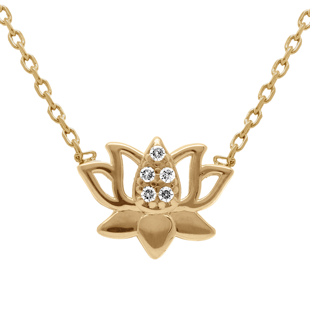 Collier en plaqu� or fleur de lotus avec oxydes blancs - 38+4cm - Vue 1