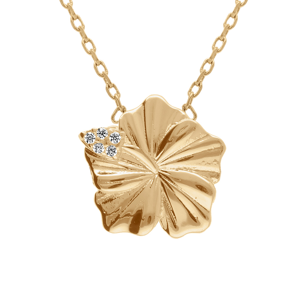 Collier en plaqu� or fleur d\'hibiscus et oxydes blancs - 38+4cm - Vue 1