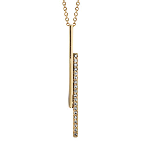 Collier en plaqué or forme cravate 2 bâtons superposés, 1 lisse et l'autre orné d'oxydes blancs sertis - longueur 40cm + 4cm de rallonge Collier en plaqué or forme cravate 2 bâtons superposés, 1 lisse et l'autre orné d'oxydes blancs sertis - longueur 40cm + 4cm de rallonge