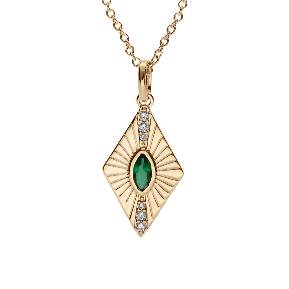 Collier en plaqu or forme losange oxyde vert serti clos 42+3cm - Vue 1