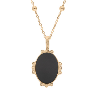 Collier en plaqu or mdaille mdaille ovale 14mm contour perle et coeur en pierre naturelle Agate noire 38+5cm - Vue 1
