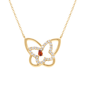 Collier en plaqu� or papillon ajour� avec oxyde rouge et oxydes blancs - 40+5cm