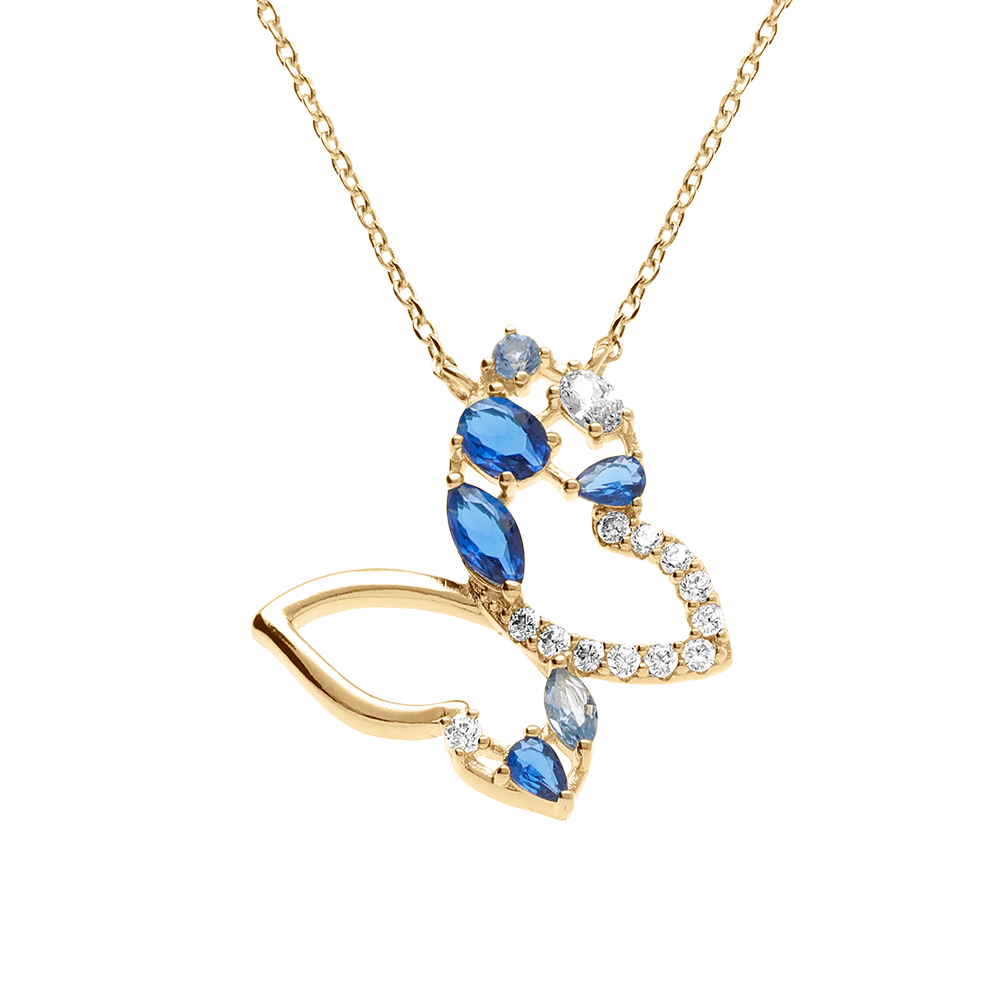 Collier en plaqu� or papillon ajour� avec oxydes bleus et blancs - 40+5cm - Vue 1