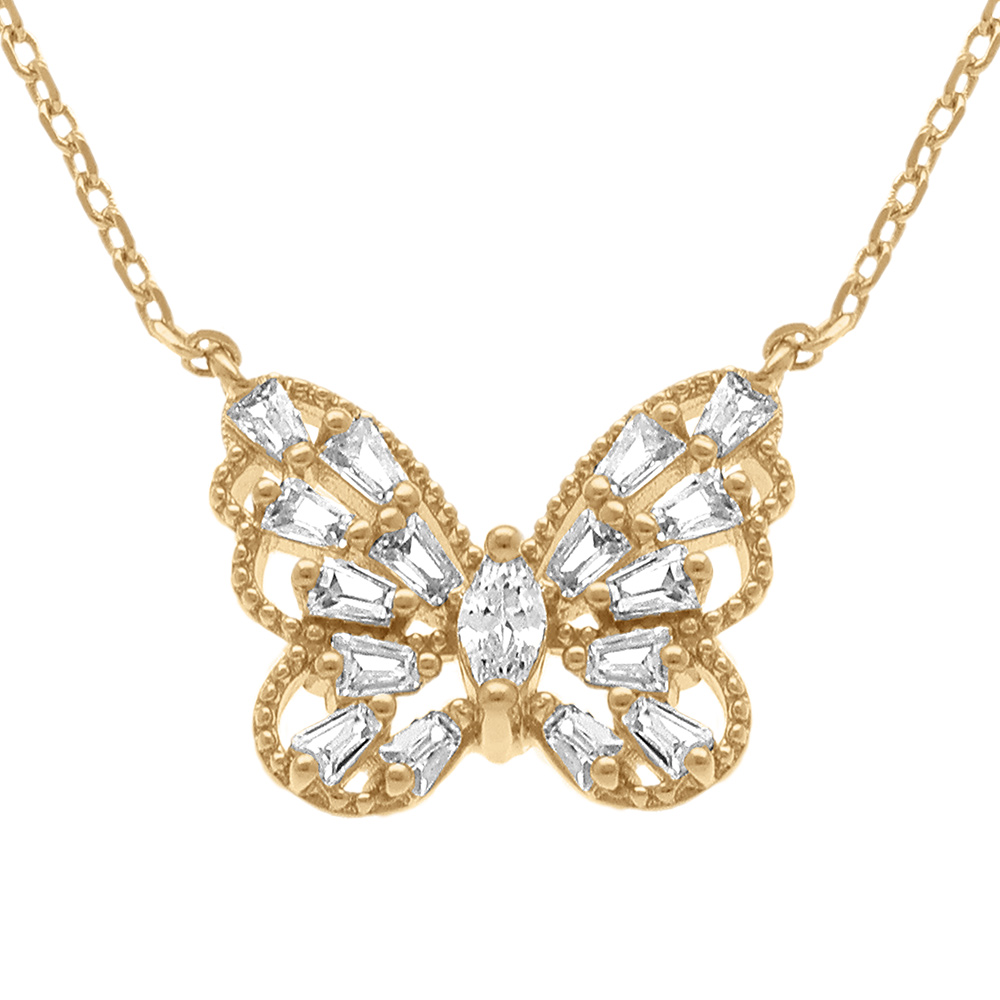 Collier en plaqu� or papillon ajour�e avec oxydes blancs - 42+3cm - Vue 1