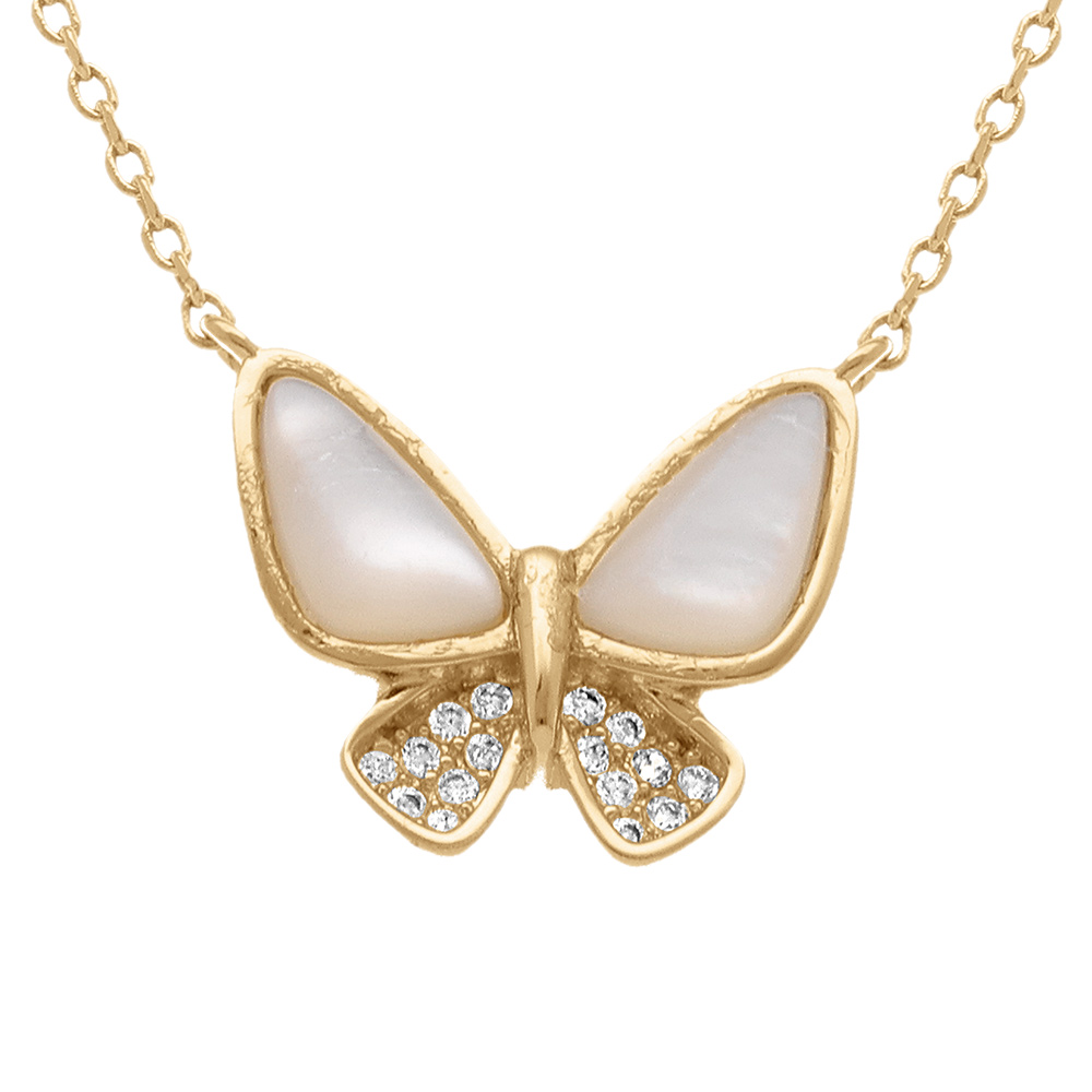 Collier en plaqu� or papillon de nacre blanche et oxydes blancs - 42+3cm - Vue 1