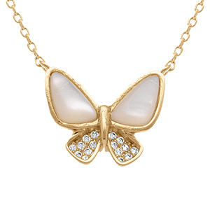 Collier en plaqu� or papillon de nacre blanche et oxydes blancs - 42+3cm
