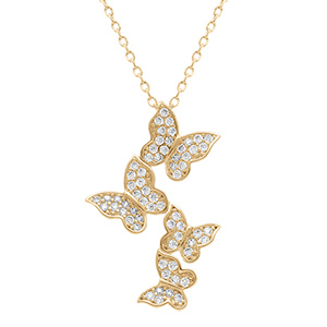 Collier en plaqu� or pendentif avec quatre papillons pendants orn�s d' oxydes blancs - 40+5cm