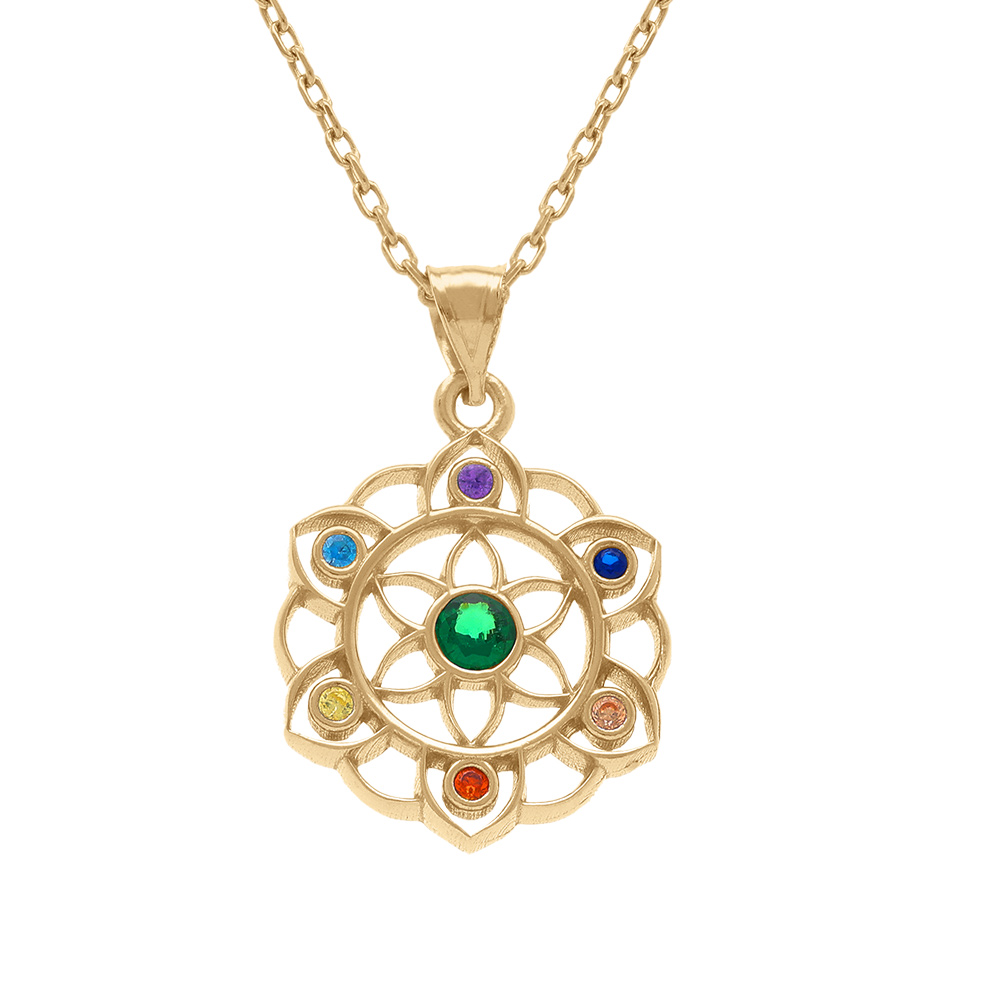 Collier en plaqu� or pendentif chakra 15mm 7 oxydes - 40+5cm - Vue 1