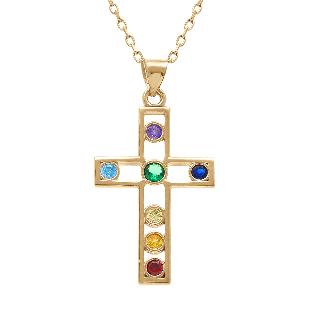 Collier en plaqu� or pendentif chakra croix 22mm x 15mm 7 oxydes - 40+5cm - Vue 1