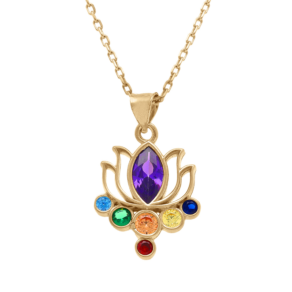 Collier en plaqu� or pendentif chakra fleur 7 oxydes - 40+5cm - Vue 1