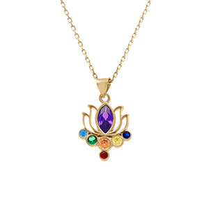 Collier en plaqué or pendentif chakra fleur 7 oxydes - 40+5cm - Vue 1