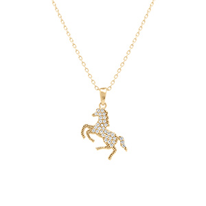 Collier en plaqué or pendentif cheval oxydes blancs 40+5cm - Vue 1