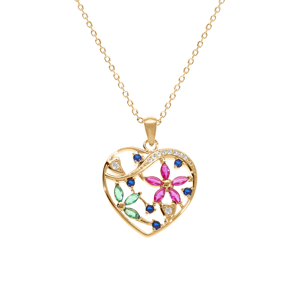 Collier en plaqu� or pendentif coeur avec fleurs oxydes multi couleurs 4 0+5cm - Vue 1