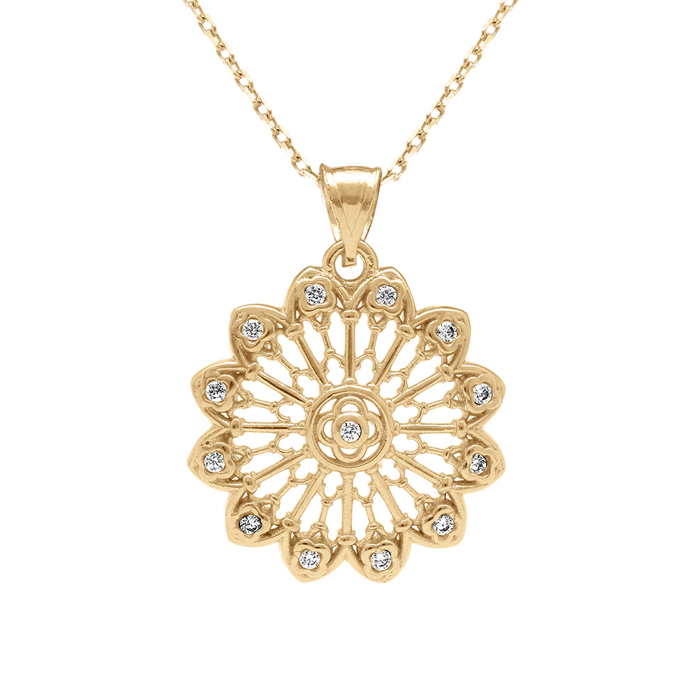 Collier en plaqu� or pendentif fleur filigrane avec oxydes blancs sertis - 40+5cm - Vue 1