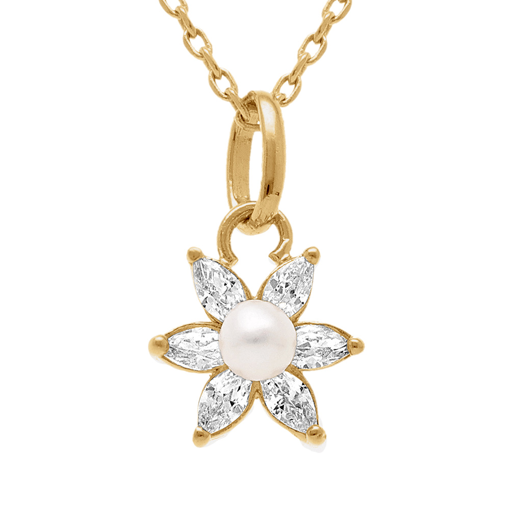 Collier en plaqu� or pendentif fleur six p�tales avec oxydes blancs et perle deau douce - 38+4cm - Vue 1