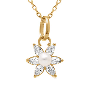 Collier en plaqu� or pendentif fleur six p�tales avec oxydes blancs et perle deau douce - 38+4cm
