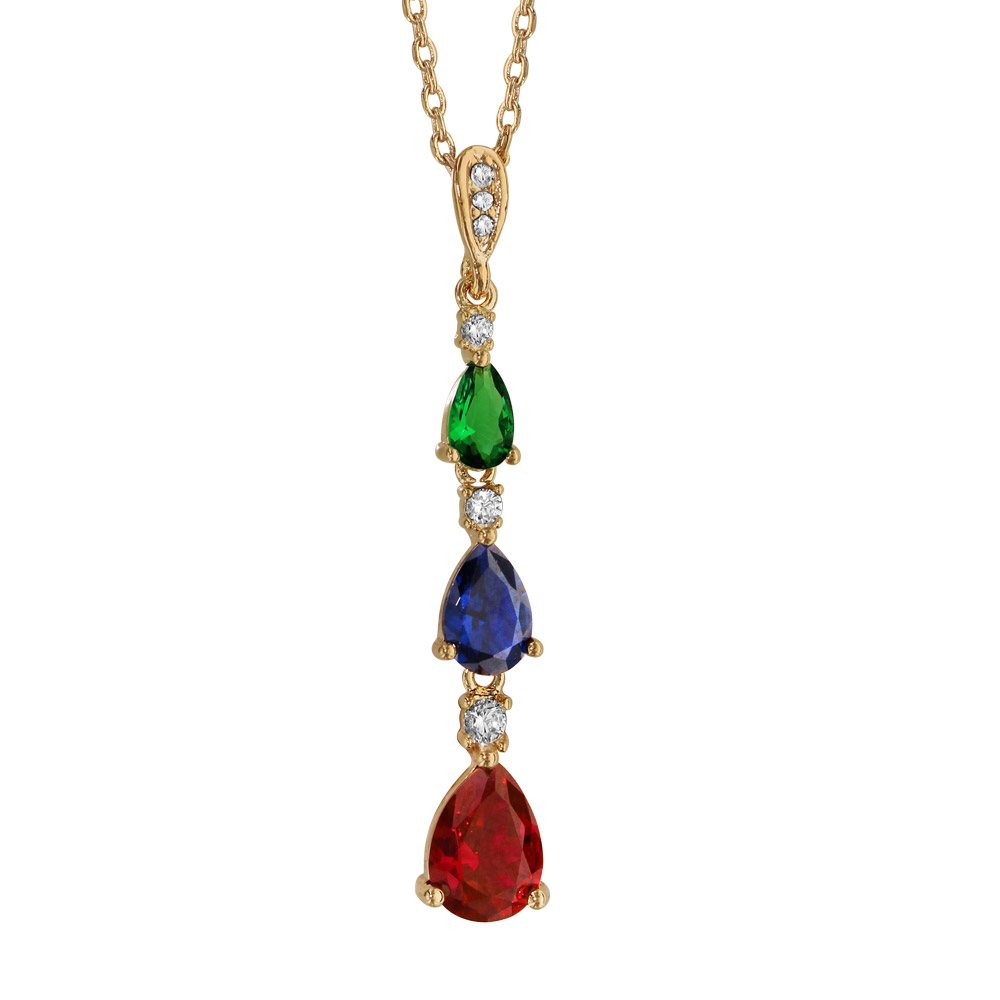 Collier en plaqu� or pendentif 3 pierres multicolores et 3 oxydes blancs sertis 42cm + 3cm - Vue 1