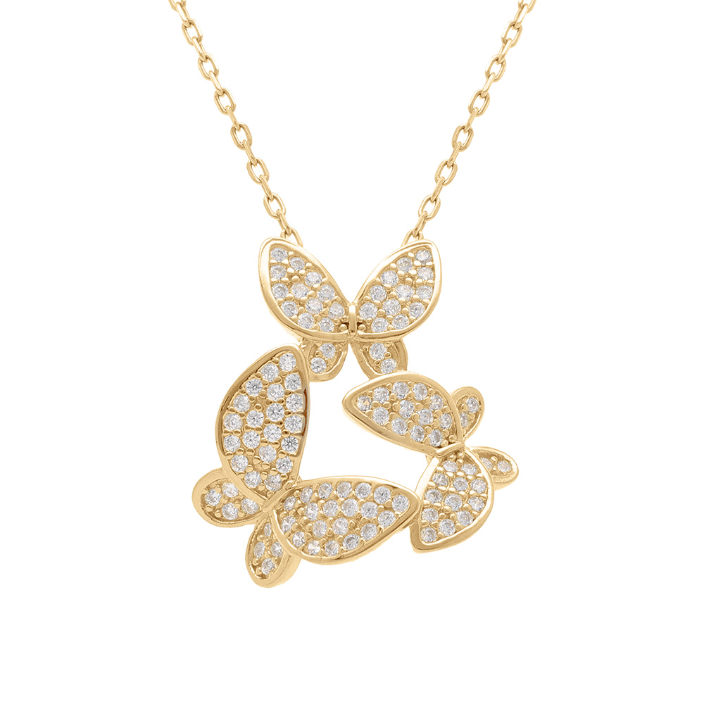 Collier en plaqu� or pendentif trois papillons formant une ronde orn�s d\'oxydes blancs sertis -40+5cm - Vue 1