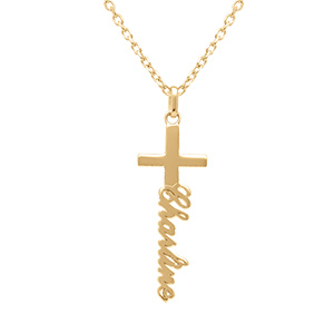 Collier en plaqué or prénom lettre anglaise en vertical decoupé au laser avec croix - 40cm - Vue 1