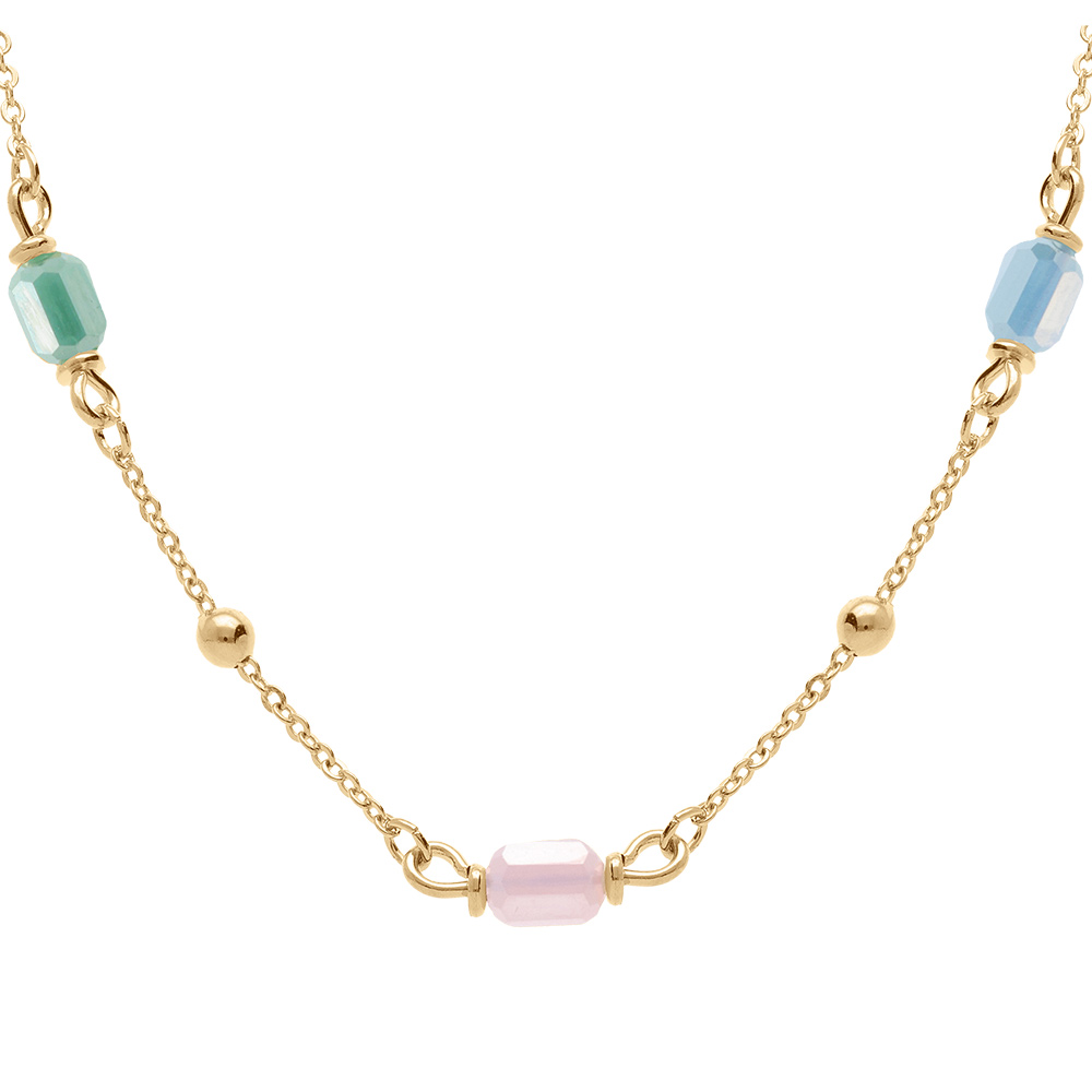 Collier en plaqu� or quatre pierres cylindriques bleue  rose blanche - 16+3cm - Vue 1