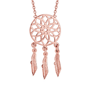 Collier en plaqué or rose chaîne avec pendentif attrape rêve avec 3 plumes suspendues - longueur 37cm + 4cm de rallonge - Vue 1