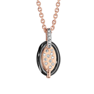 Collier en plaqué or rose chaîne avec pendentif ovale en céramique noire et éclats d\'oxydes blancs sertis - longueur 42cm + 3cm de rallonge - Vue 1