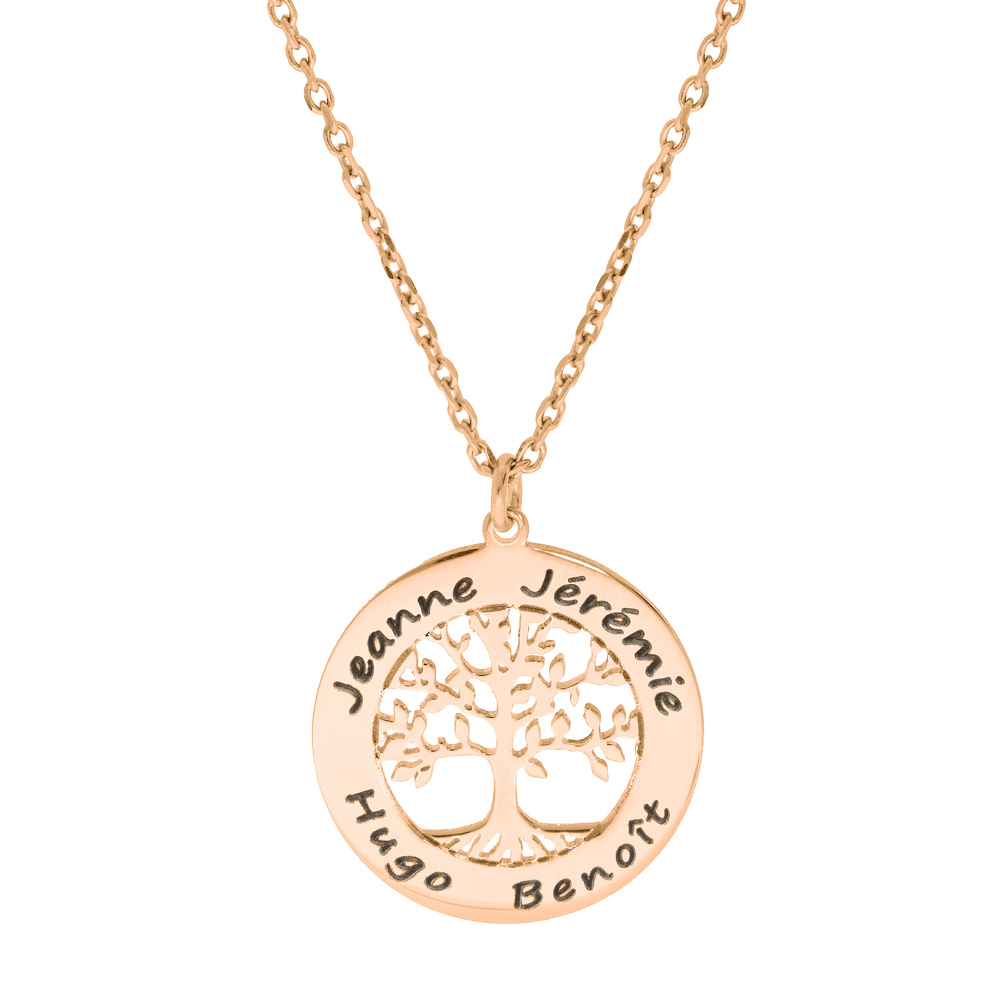 Collier en plaqu� or rose cha�ne avec pendentif pr�noms � graver petit arbre de vie 20mm 38+5cm - Vue 1