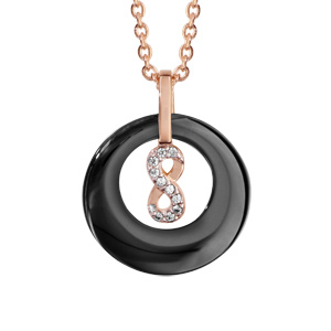 Collier en plaqué or rose pendentif rond céramique noire évidé avec infini oxydes blancs sertis 42+3cm - Vue 1