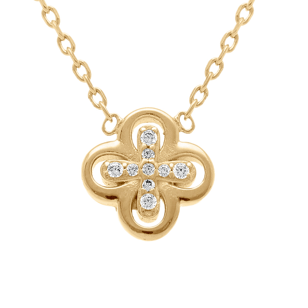 Collier en plaqu� or tr�fle et oxydes blancs - 38+4cm - Vue 1