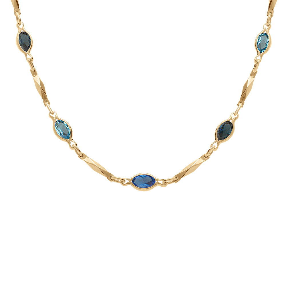 Collier en plaqu� or tutti frutti navettes d\'oxydes d�grad� de bleu et baguettes - 40+7cm - Vue 1